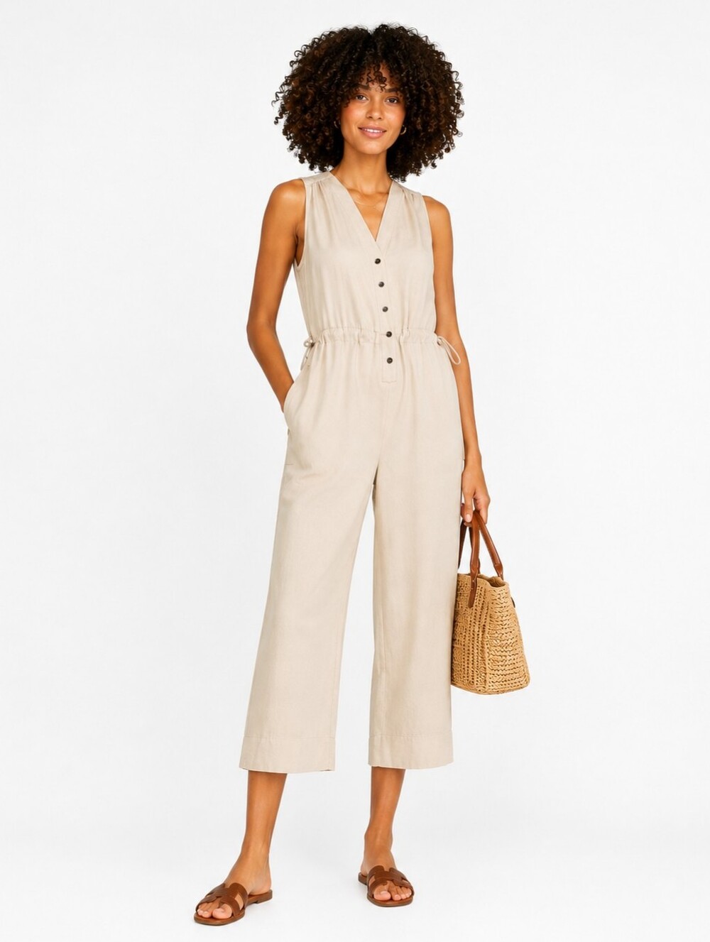Marine Layer Beige Wide Leg Crop Jumpsuit Size S